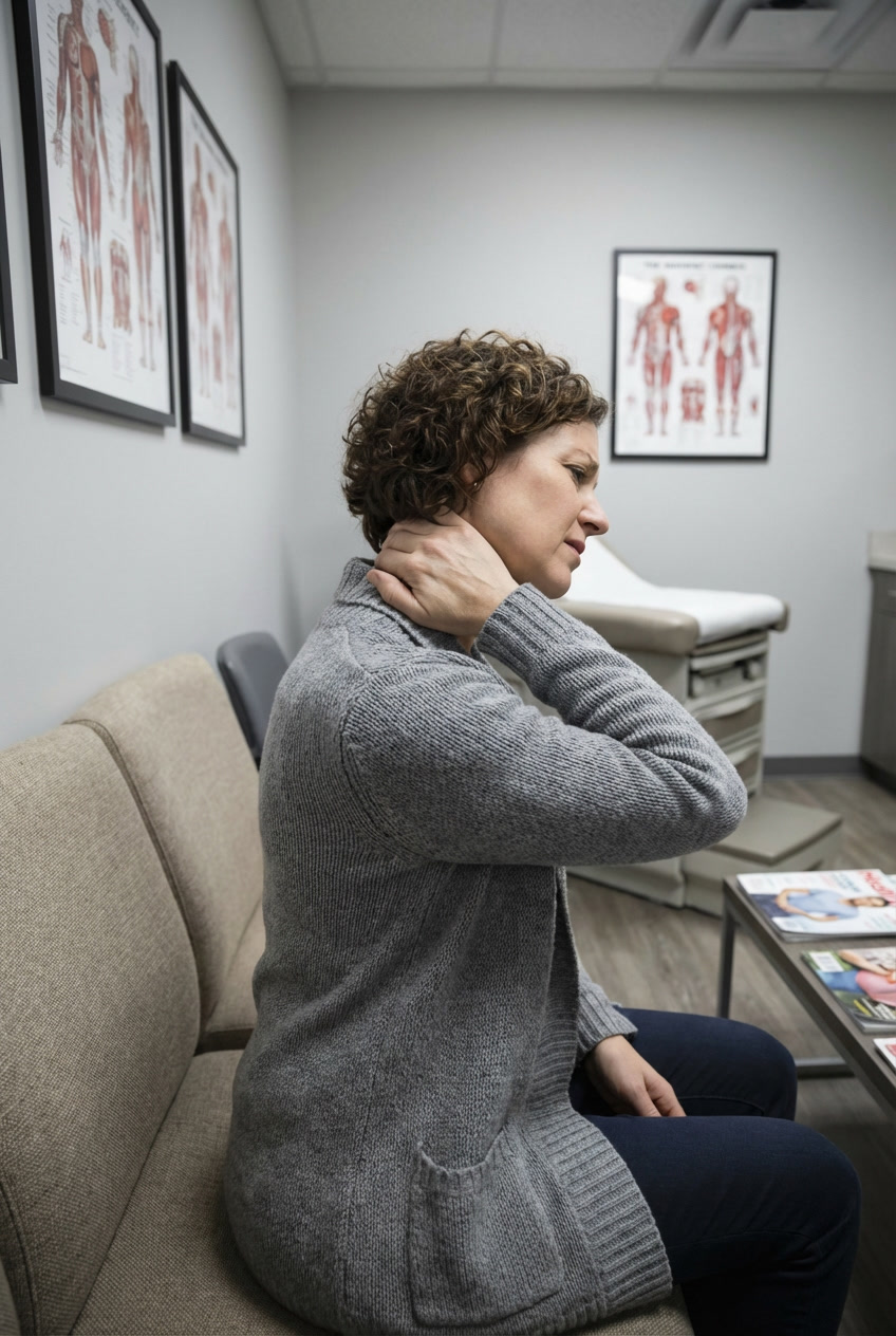Woman experiencing neck pain while sitting in a chiropractic office waiting area