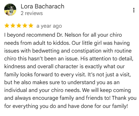 Patient review highlighting a positive experience with chiropractic care