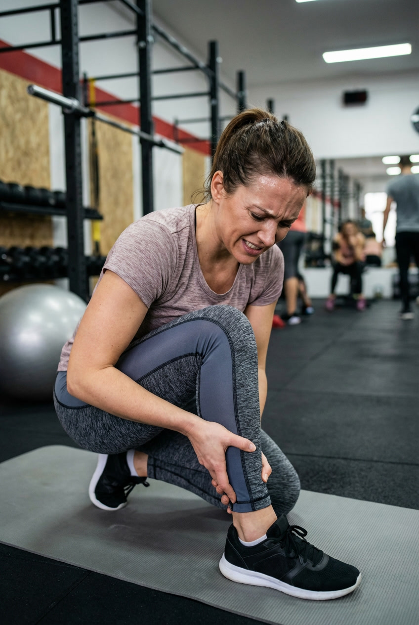 Sports injury image for HP Craig Woman experiencing a sports injury while holding her ankle during a workout at the gym