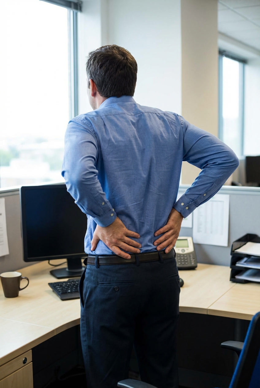 Stiffnes image for HP Craig Man experiencing lower back stiffness while standing at his desk in an office environment
